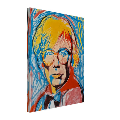 A vivid and energetic pop art portrait featuring a person with bright yellow hair and glasses. The background is filled with dynamic blue and red brushstrokes, adding to the lively and modern feel of the artwork.