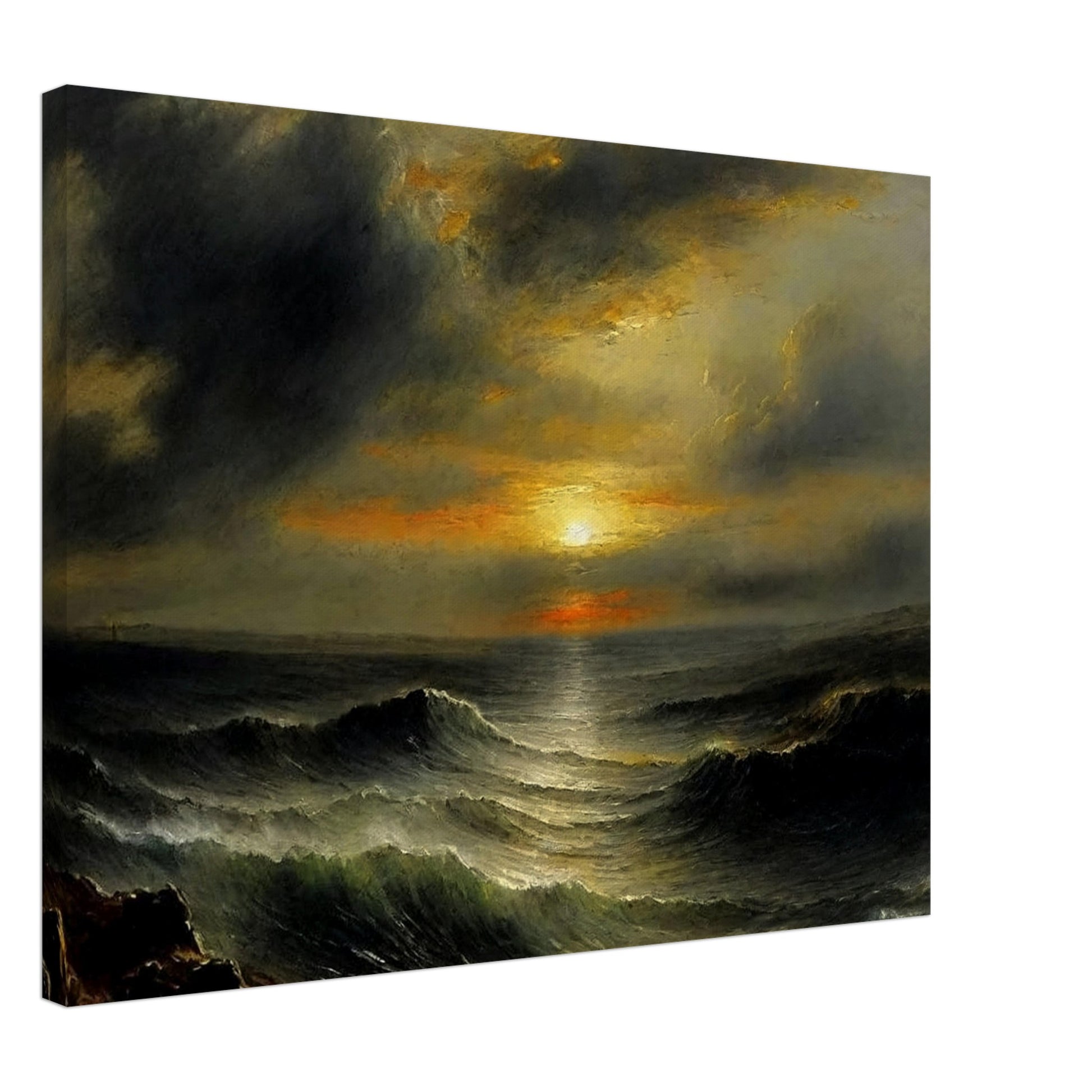 A dramatic seascape painting capturing the power and beauty of the ocean at sunset. The scene features turbulent waves under a cloudy sky, with the sun breaking through the horizon, casting an orange and yellow glow over the water.