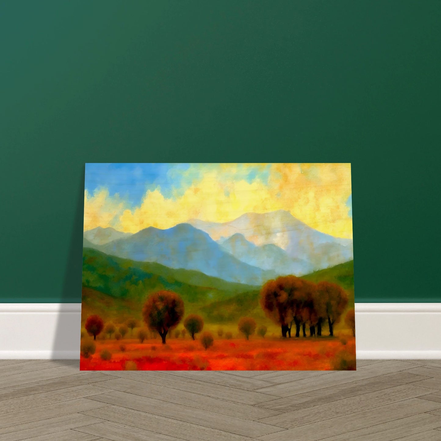 Warm autumn trees stretch across a fiery red field with misty blue mountains and a glowing yellow sky in the distance.