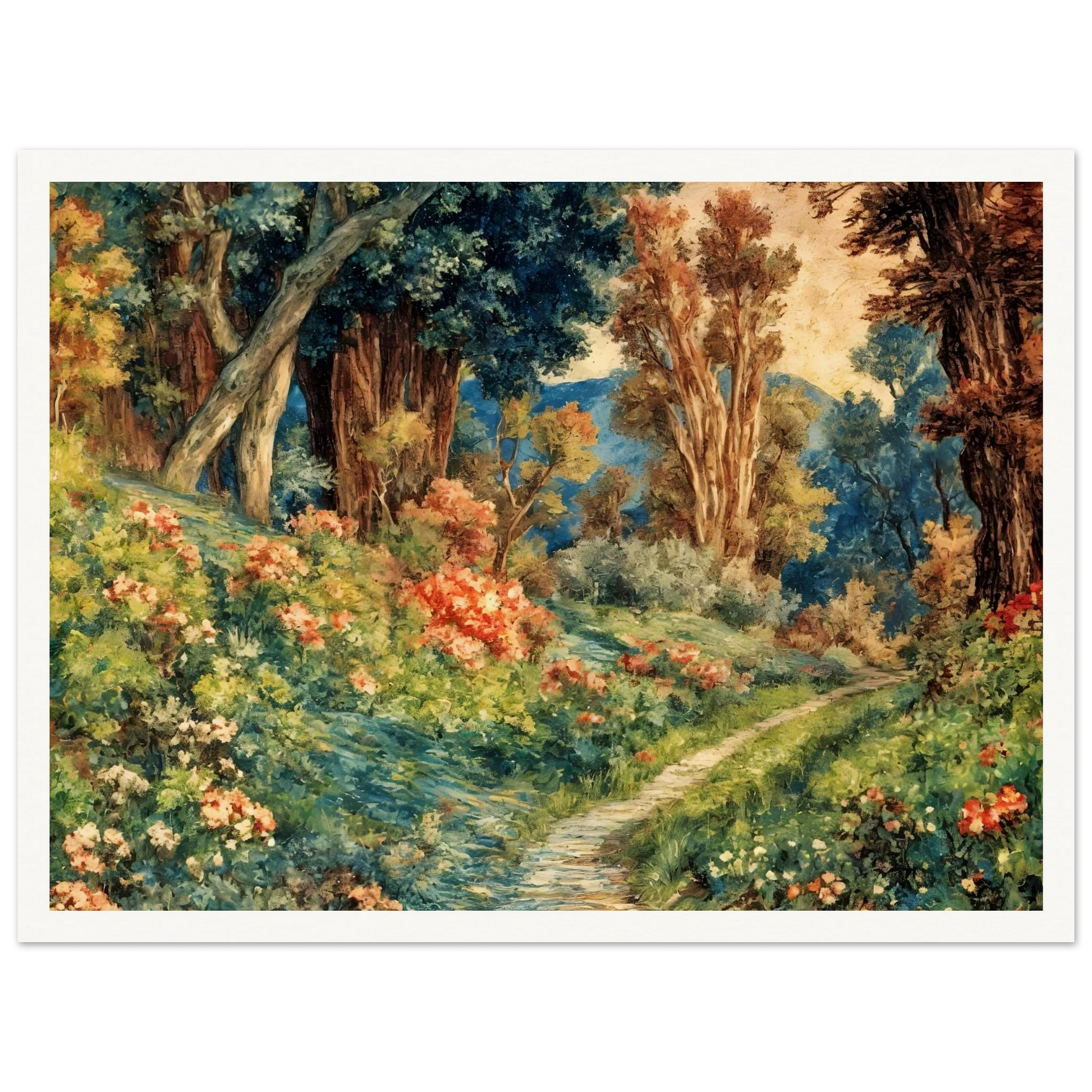 Lush flowering woodland path winding through vibrant trees, soft blossoms, and sunlit greenery in a richly detailed pastoral garden scene.