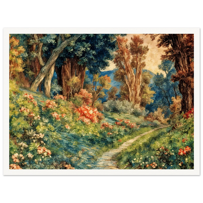 Lush flowering woodland path winding through vibrant trees, soft blossoms, and sunlit greenery in a richly detailed pastoral garden scene.