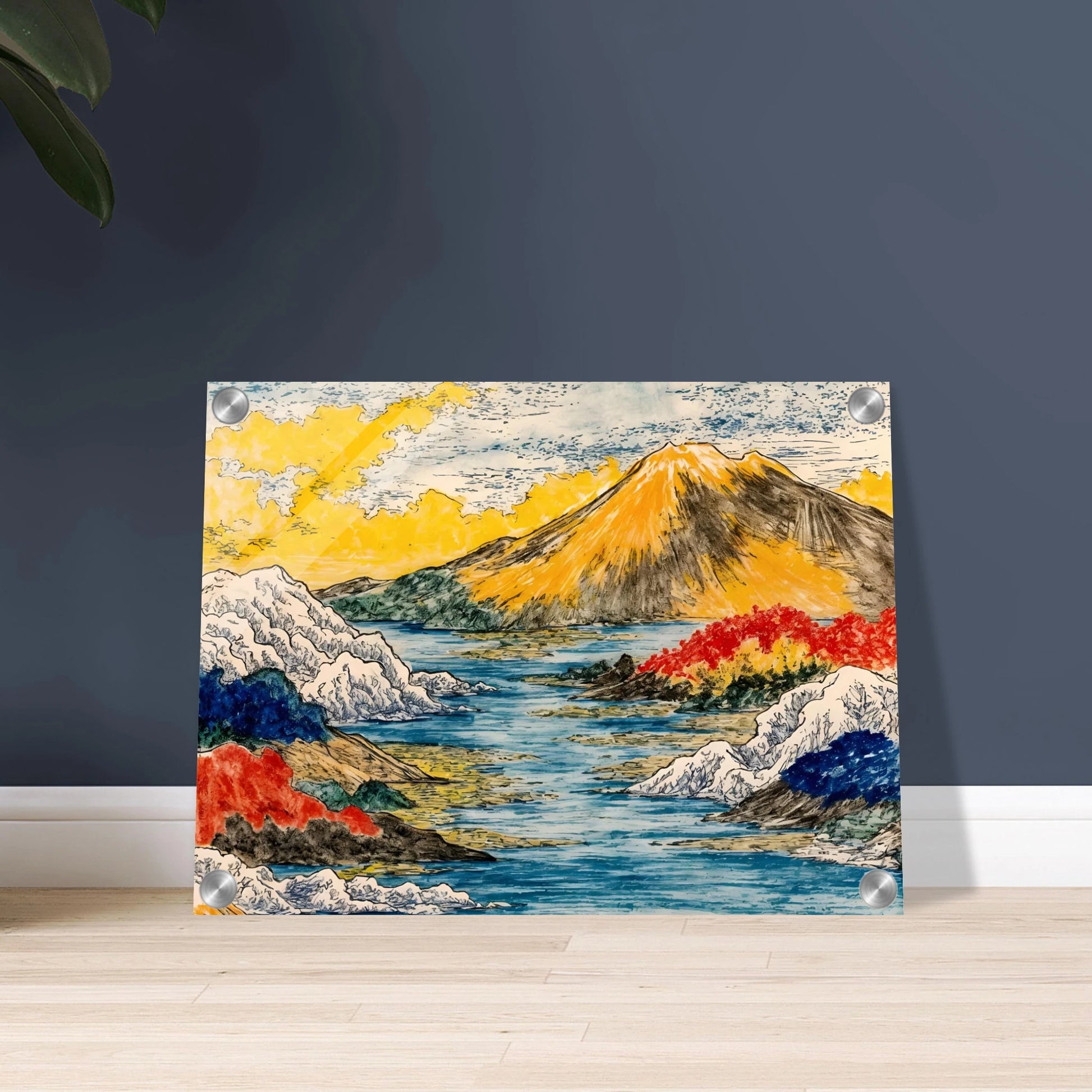 Golden mountain rises over blue water, snowy hills, red trees, and bright yellow clouds.