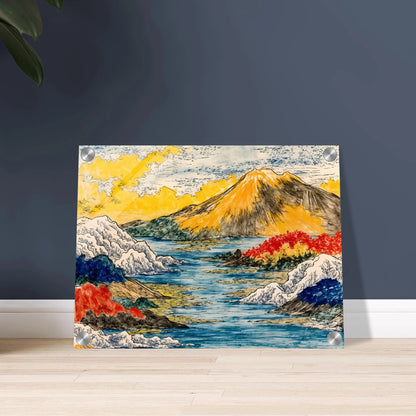 Golden mountain rises over blue water, snowy hills, red trees, and bright yellow clouds.