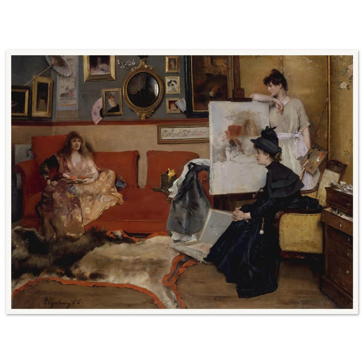 Three women gather in an artist’s studio with an easel, red sofa, framed pictures, and scattered art materials.