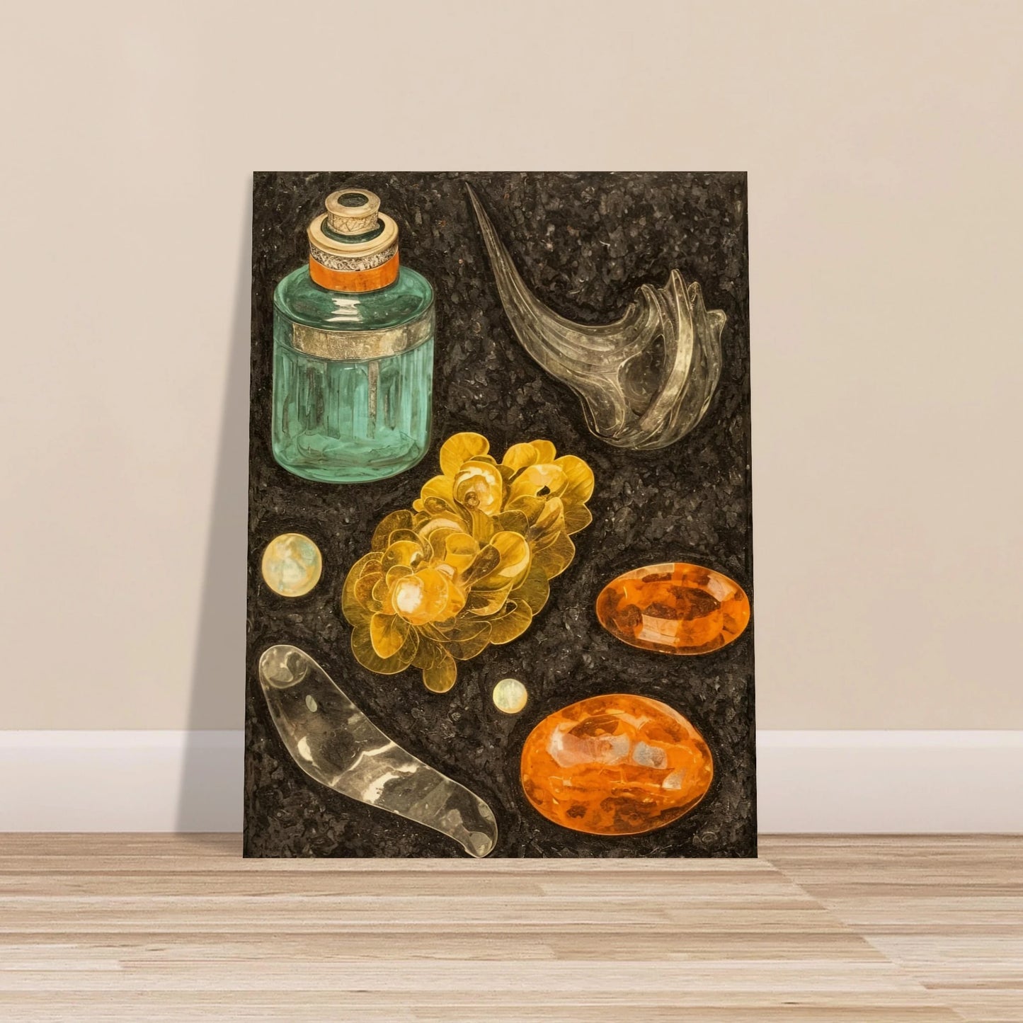 A collection of golden stones, glass objects, and a teal bottle arranged on a textured black background like hidden treasures.