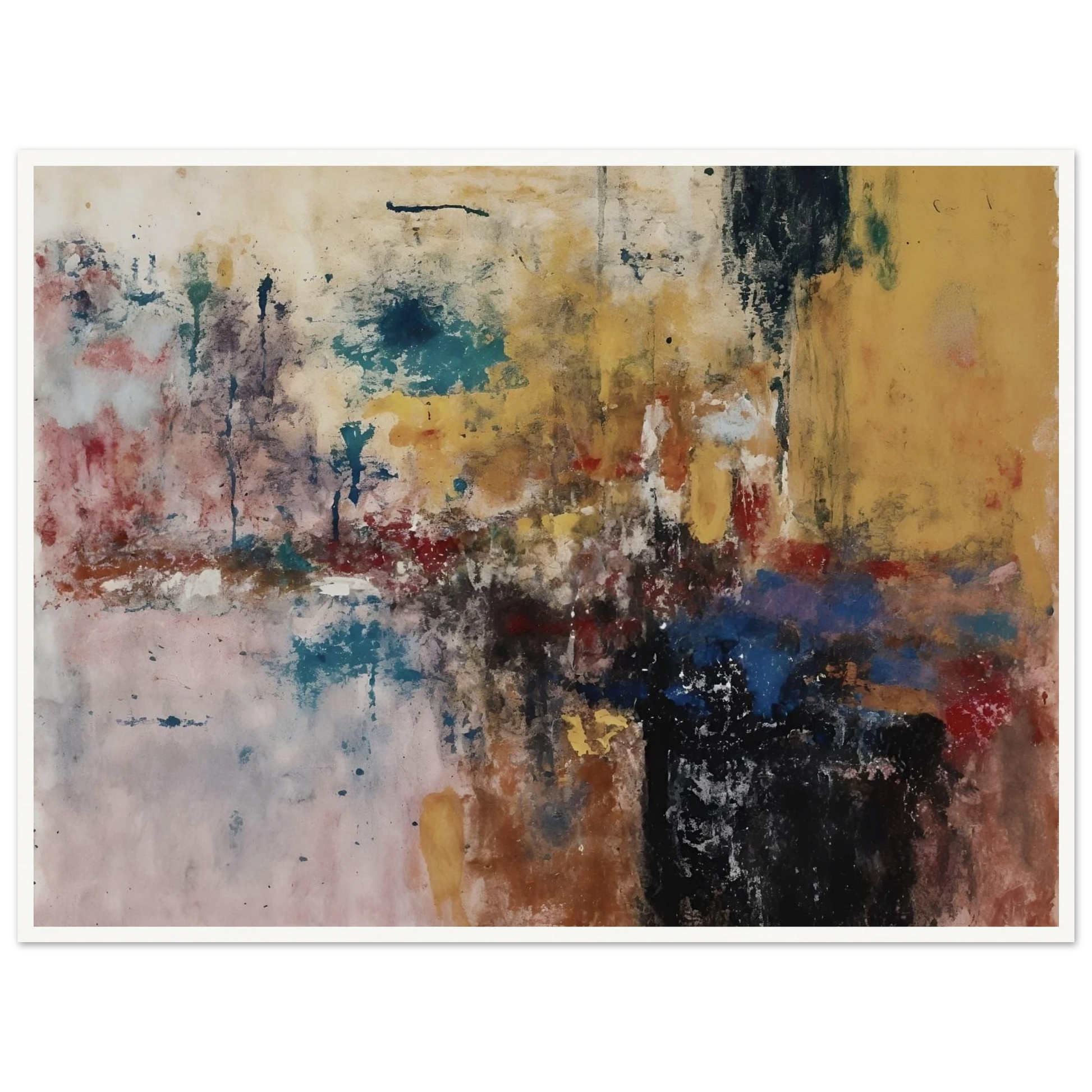 Layered ochre, teal, black, and red marks create a weathered textured composition.