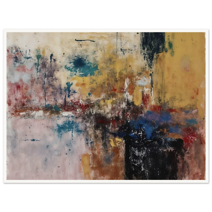 Layered ochre, teal, black, and red marks create a weathered textured composition.
