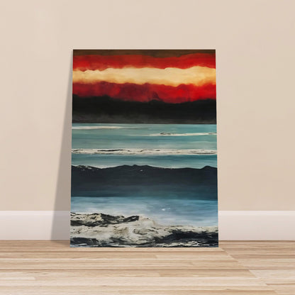 A dramatic painting capturing a coastal landscape at sunset. The sky is filled with intense red and orange hues, transitioning into darker tones as it meets the horizon. Below, the calm sea reflects the varying shades of blue, while the shoreline is marked by rugged, textured terrain. The contrasting colors and textures create a powerful and moody atmosphere in this evocative seascape.