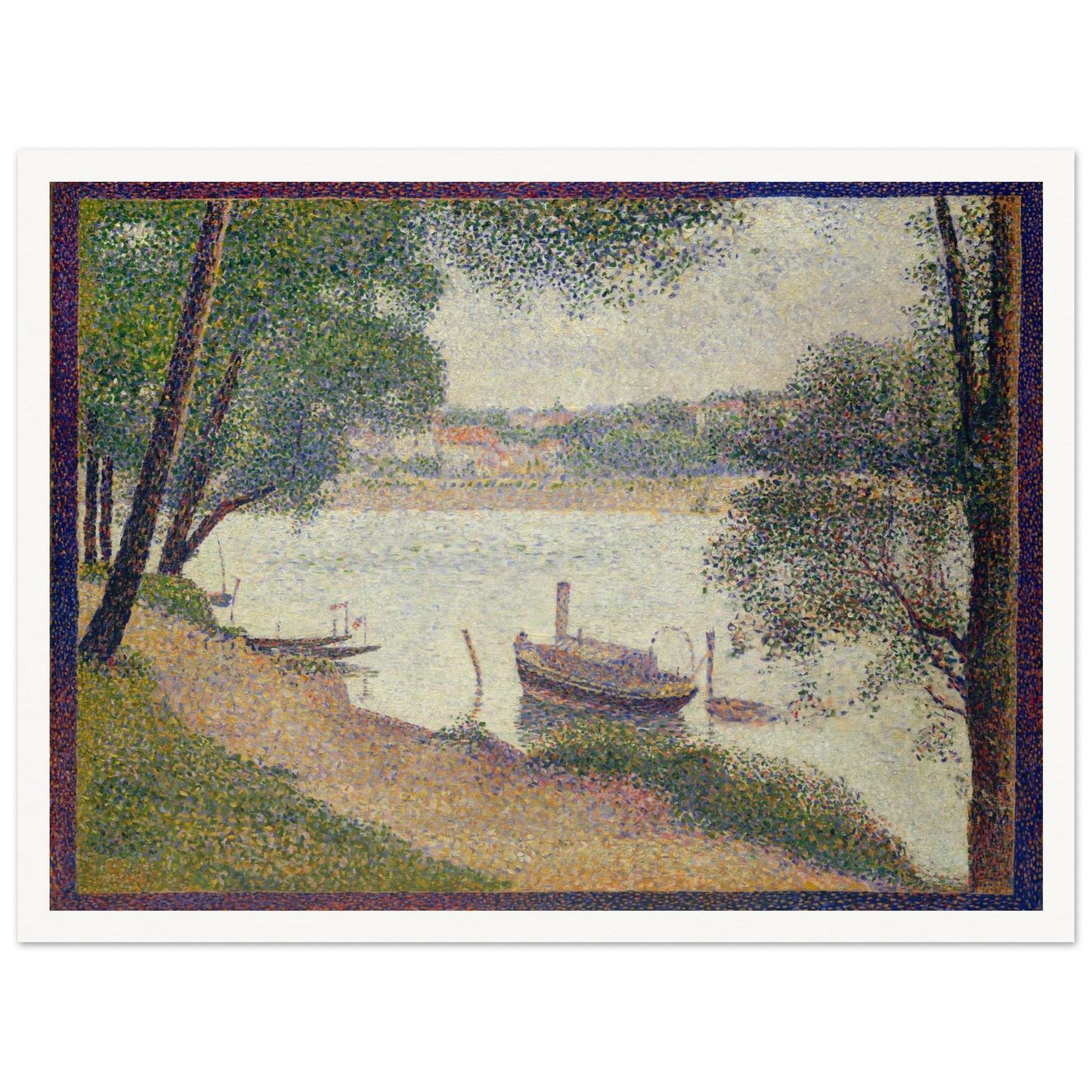 Pointillist riverbank with boats and trees under soft gray light by Georges Seurat