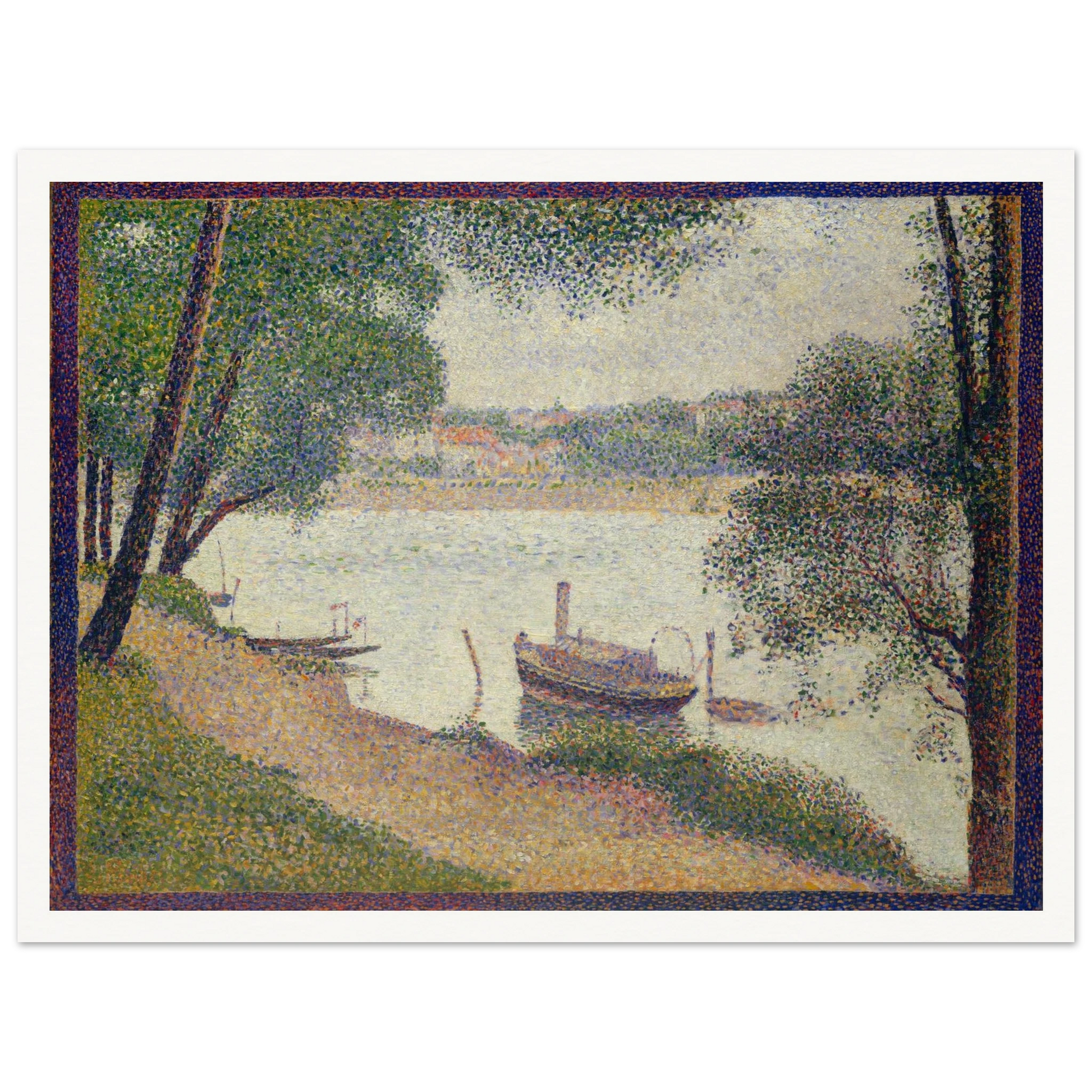 Pointillist riverbank with boats and trees under soft gray light by Georges Seurat