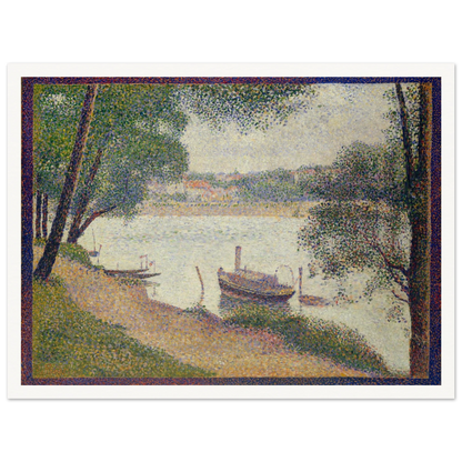 Pointillist riverbank with boats and trees under soft gray light by Georges Seurat