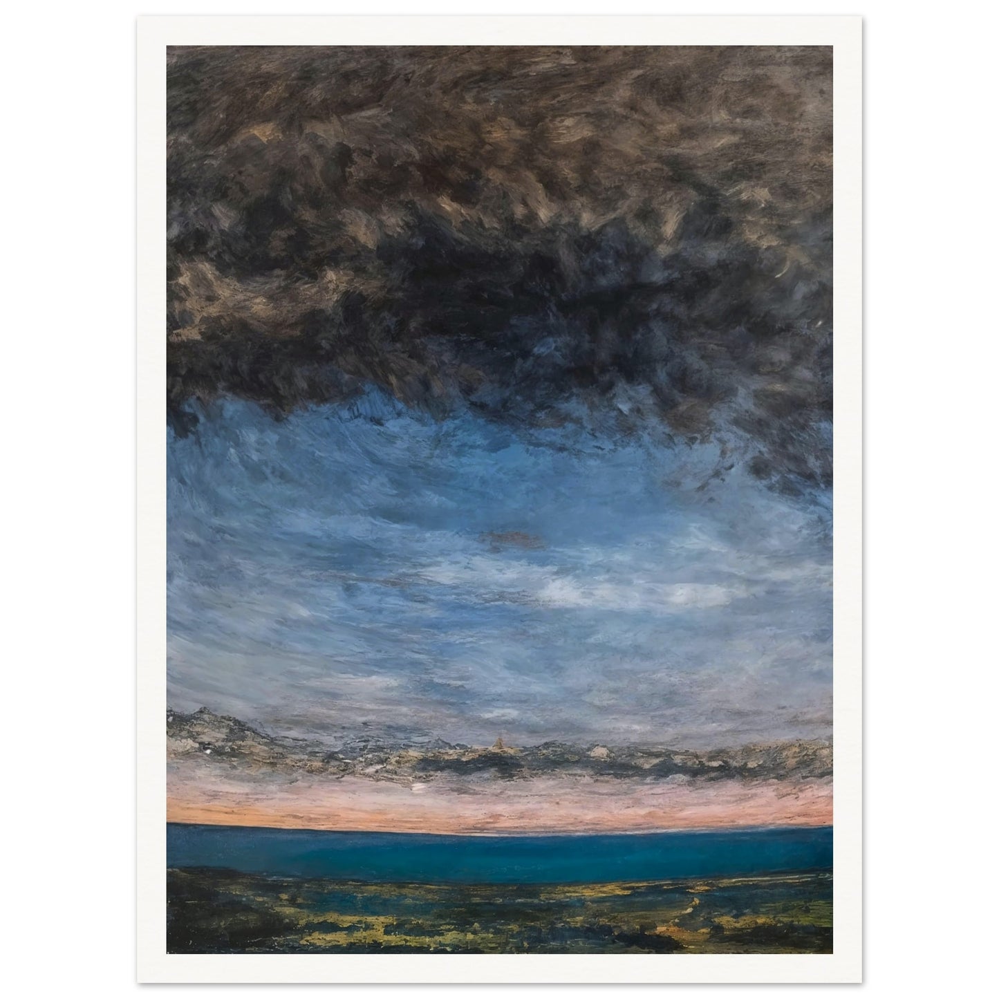 A landscape painting featuring a vast, dramatic sky with dark clouds and a hint of sunset over a calm, green terrain.