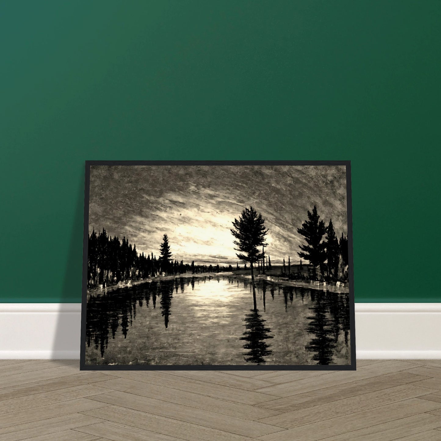 A serene black and white landscape of tall trees reflected in a still river beneath a dimly lit, textured evening sky.