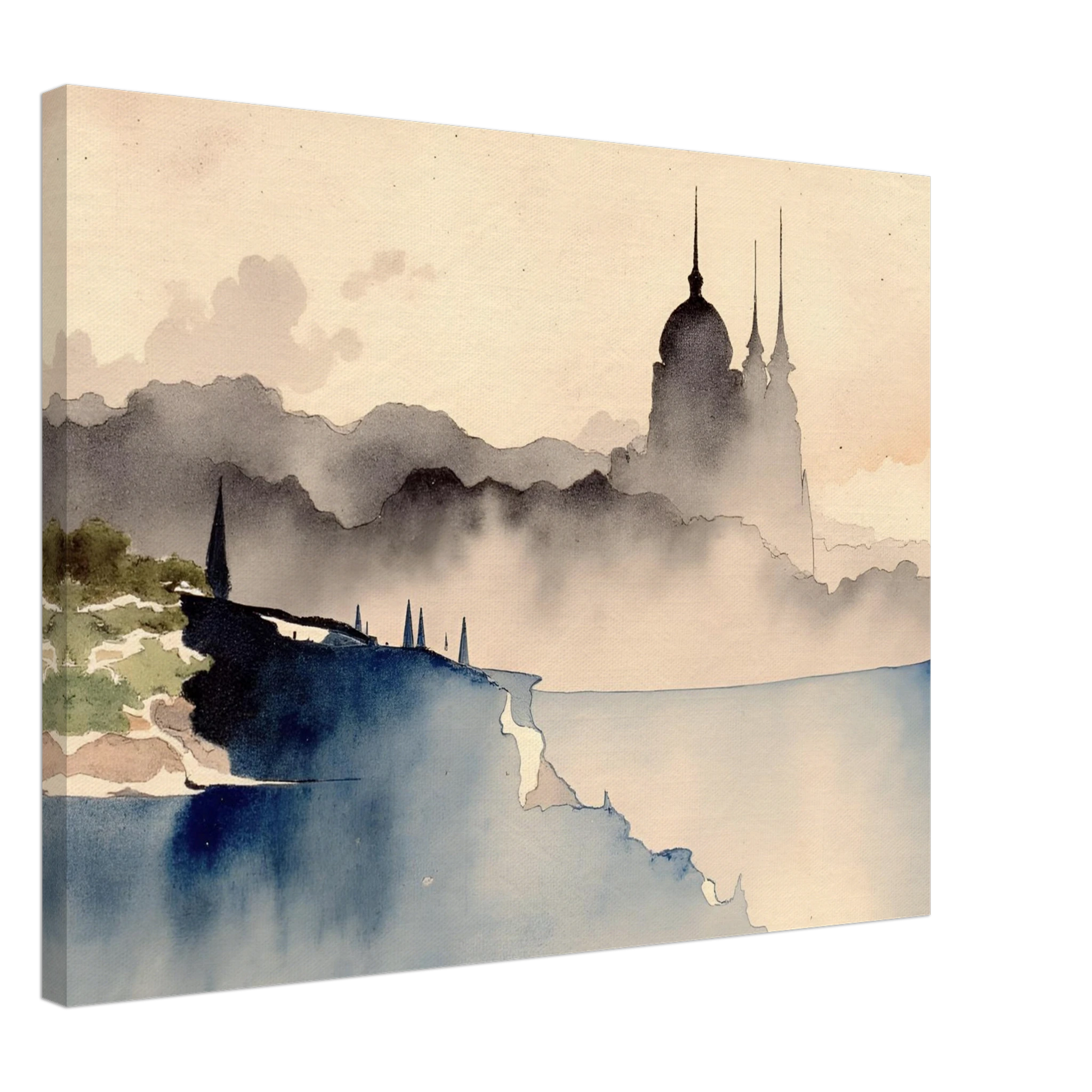 Dreamlike palace silhouette rising from misty hills and cliffs, with watercolor tones evoking mystery and distant lands.