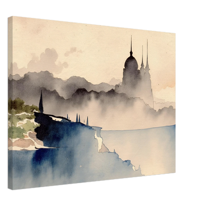 Dreamlike palace silhouette rising from misty hills and cliffs, with watercolor tones evoking mystery and distant lands.
