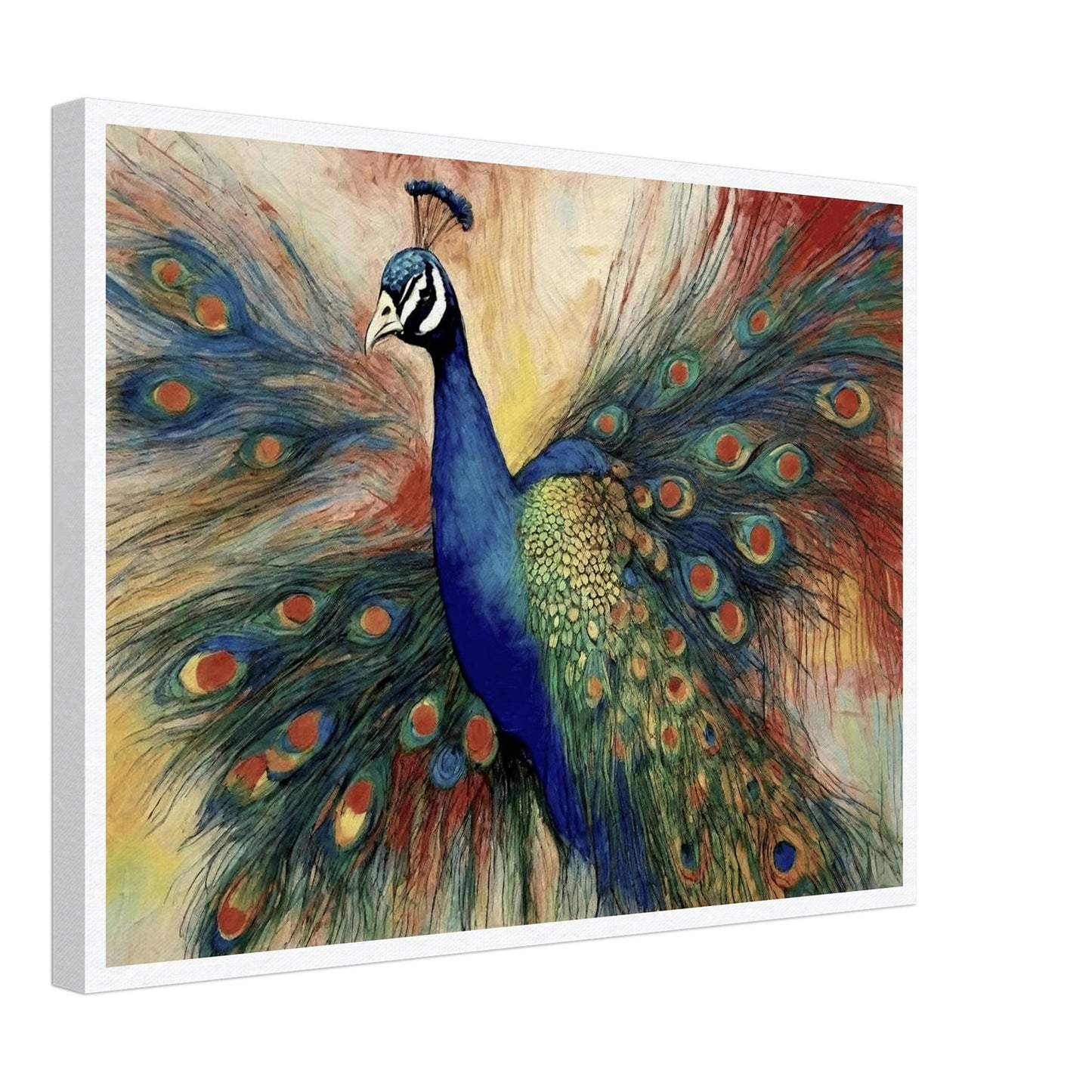 "A stunning painting of a vibrant peacock with its colorful feathers fully fanned out, showcasing rich blues, greens, and intricate eye-like patterns."