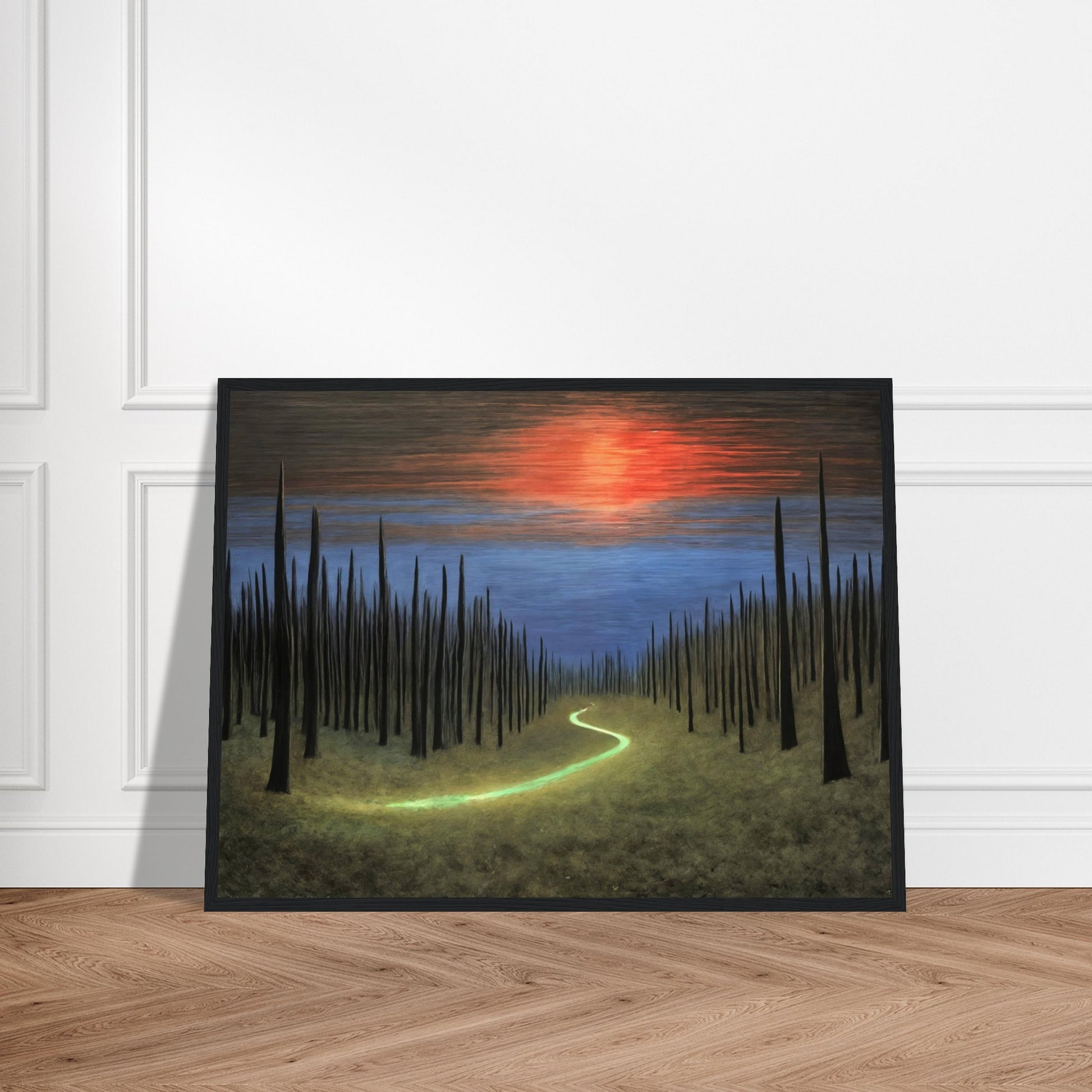 A surreal painting of a glowing green path cutting through a field of tall, dark spires under a vibrant sunset sky.