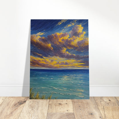 A vibrant painting of a serene ocean at sunset with dramatic clouds and golden light reflecting on the water.