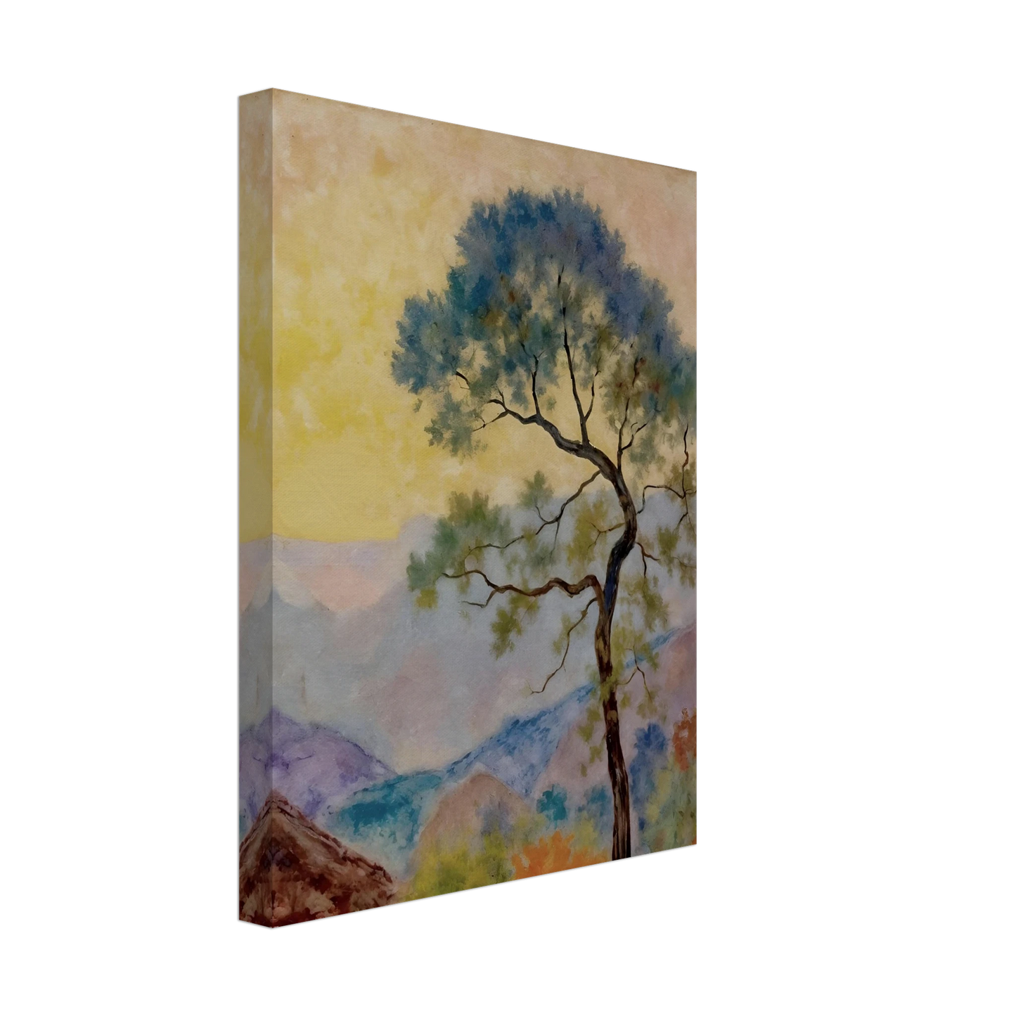 Delicate tree with green-blue foliage standing before pastel mountains under a soft yellow dawn sky.