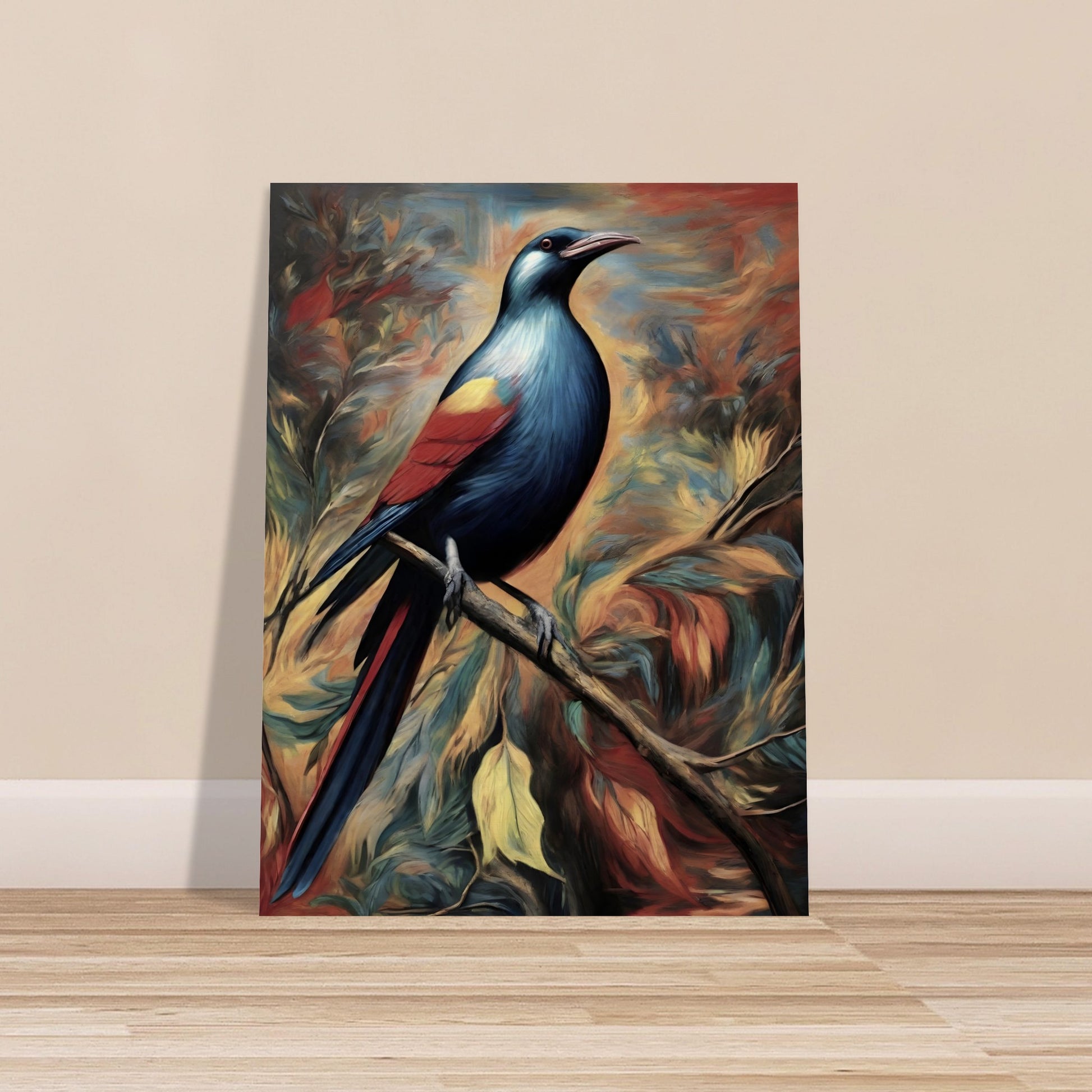 A vibrant painting of a bird with shimmering blue, red, and yellow feathers perched on a branch, set against a dramatic swirling background of autumn tones.