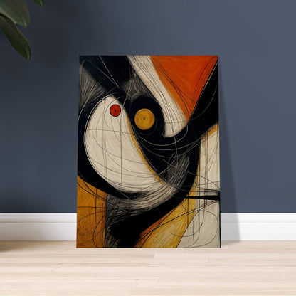 An abstract artwork featuring bold black, white, and orange shapes with dynamic, swirling lines and circular accents in red and yellow.