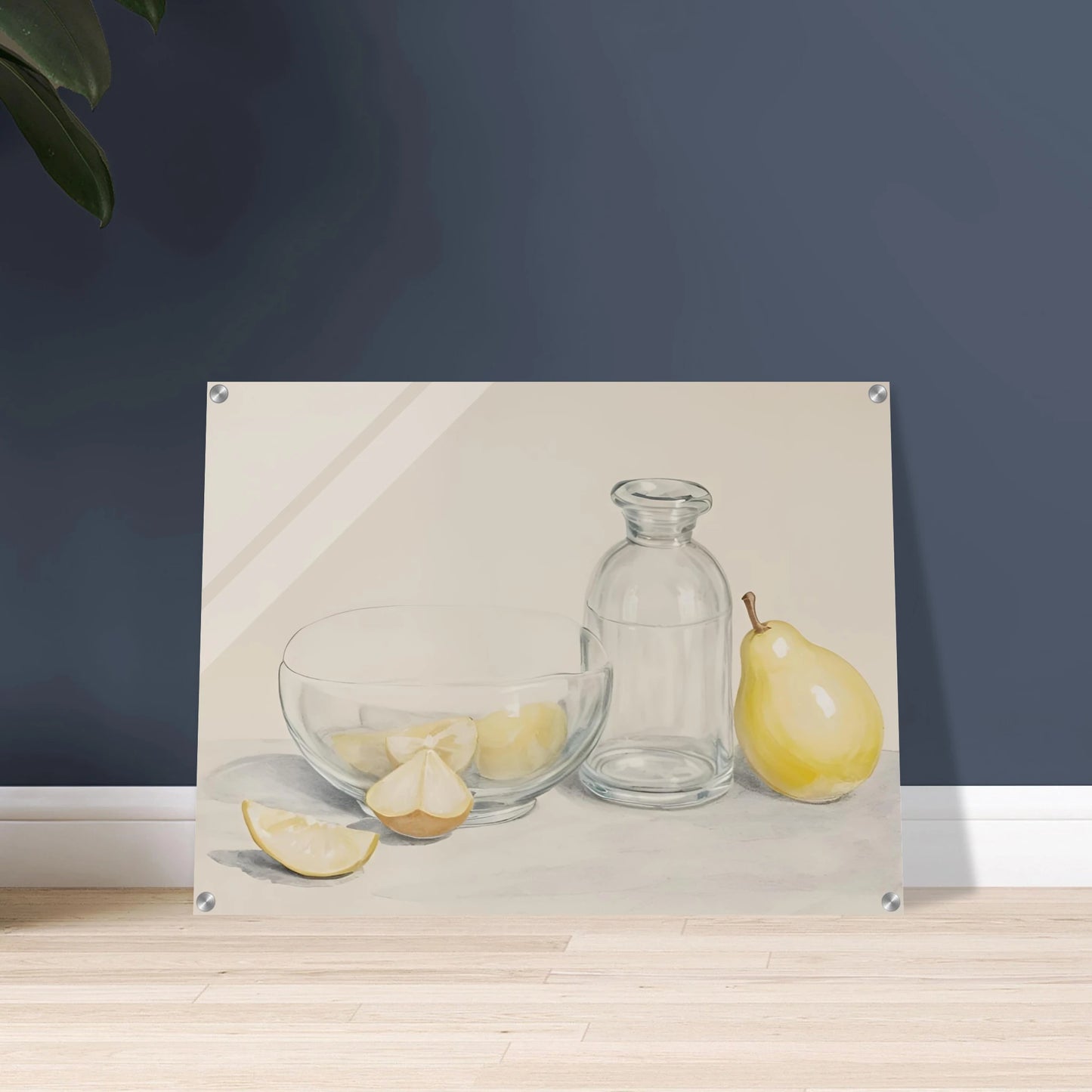 Clear glass bowl with lemon slices, a bottle, and a pear on a light surface in a soft, minimalist still life scene.
