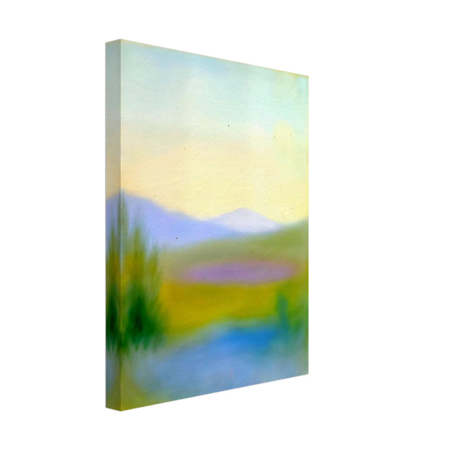 Dreamlike hills, blue waters, and lavender fields glow beneath a pale sky in a tranquil countryside scene.