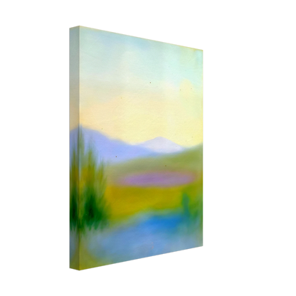 Dreamlike hills, blue waters, and lavender fields glow beneath a pale sky in a tranquil countryside scene.