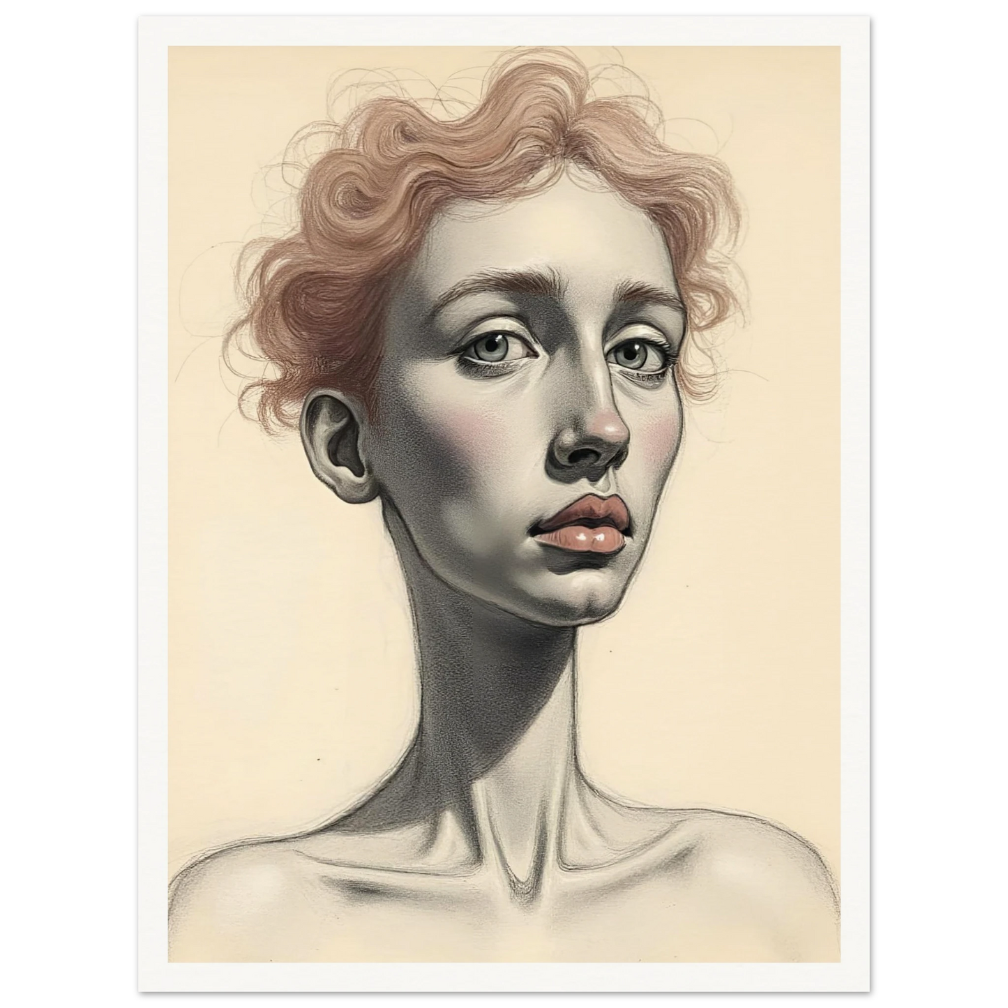 A detailed portrait of a woman with soft red curls, pale skin, and steady eyes, evoking grace and introspection.