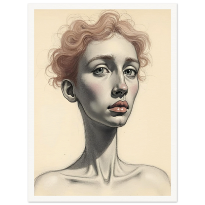 A detailed portrait of a woman with soft red curls, pale skin, and steady eyes, evoking grace and introspection.