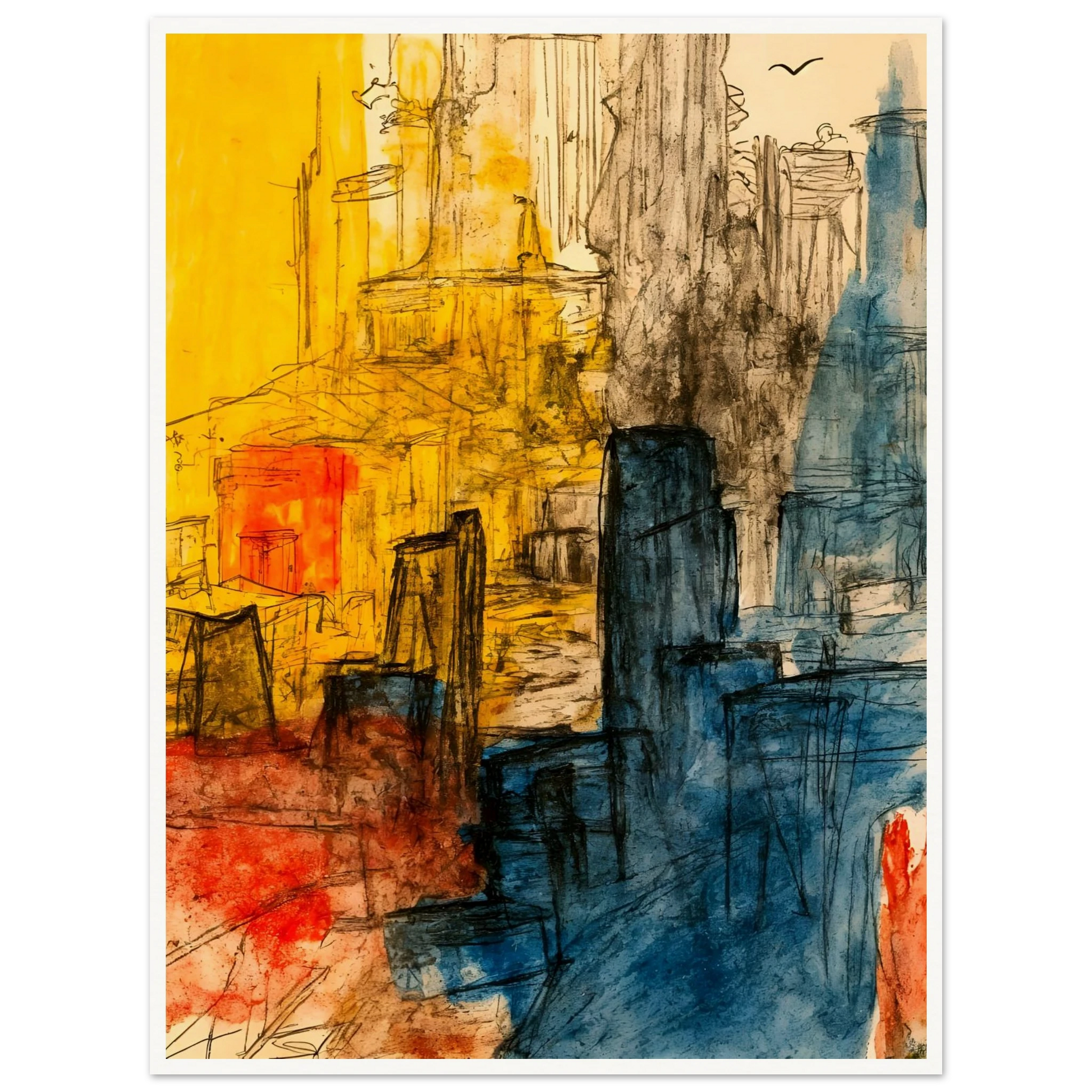 Expressive cityscape with golden facades, blue towers, and loose ink lines creating a vibrant urban atmosphere.