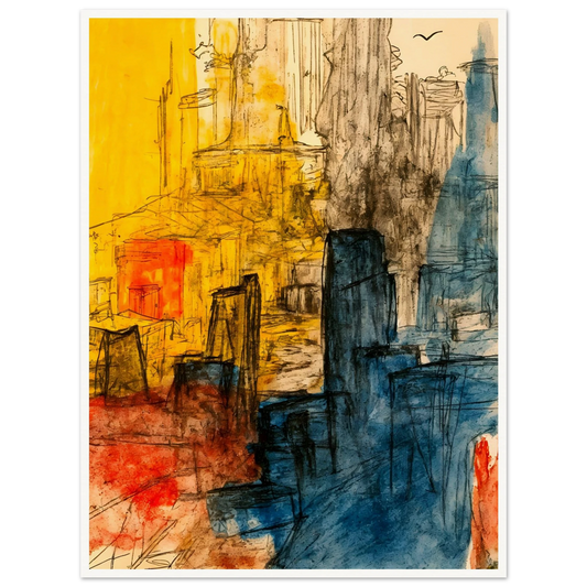 Expressive cityscape with golden facades, blue towers, and loose ink lines creating a vibrant urban atmosphere.