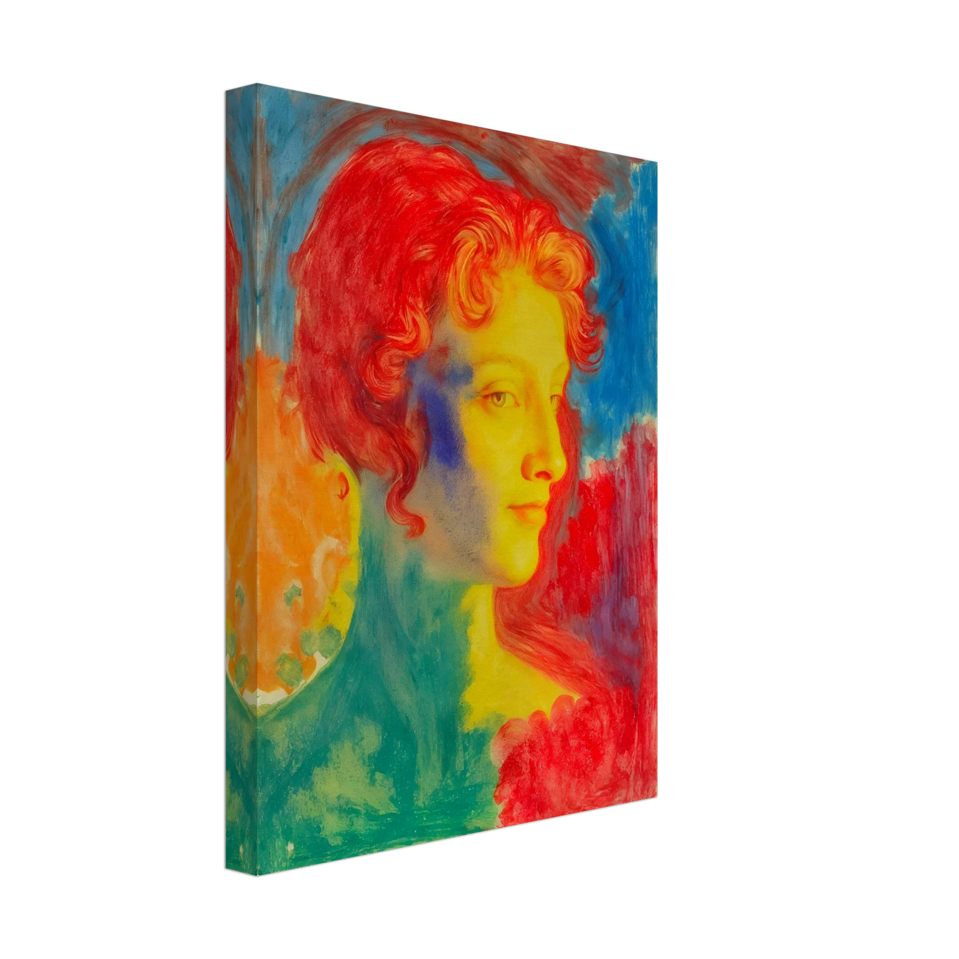 A vivid portrait of a woman in glowing reds, blues, and golds, blending luminous tones into a dreamlike expressive composition.