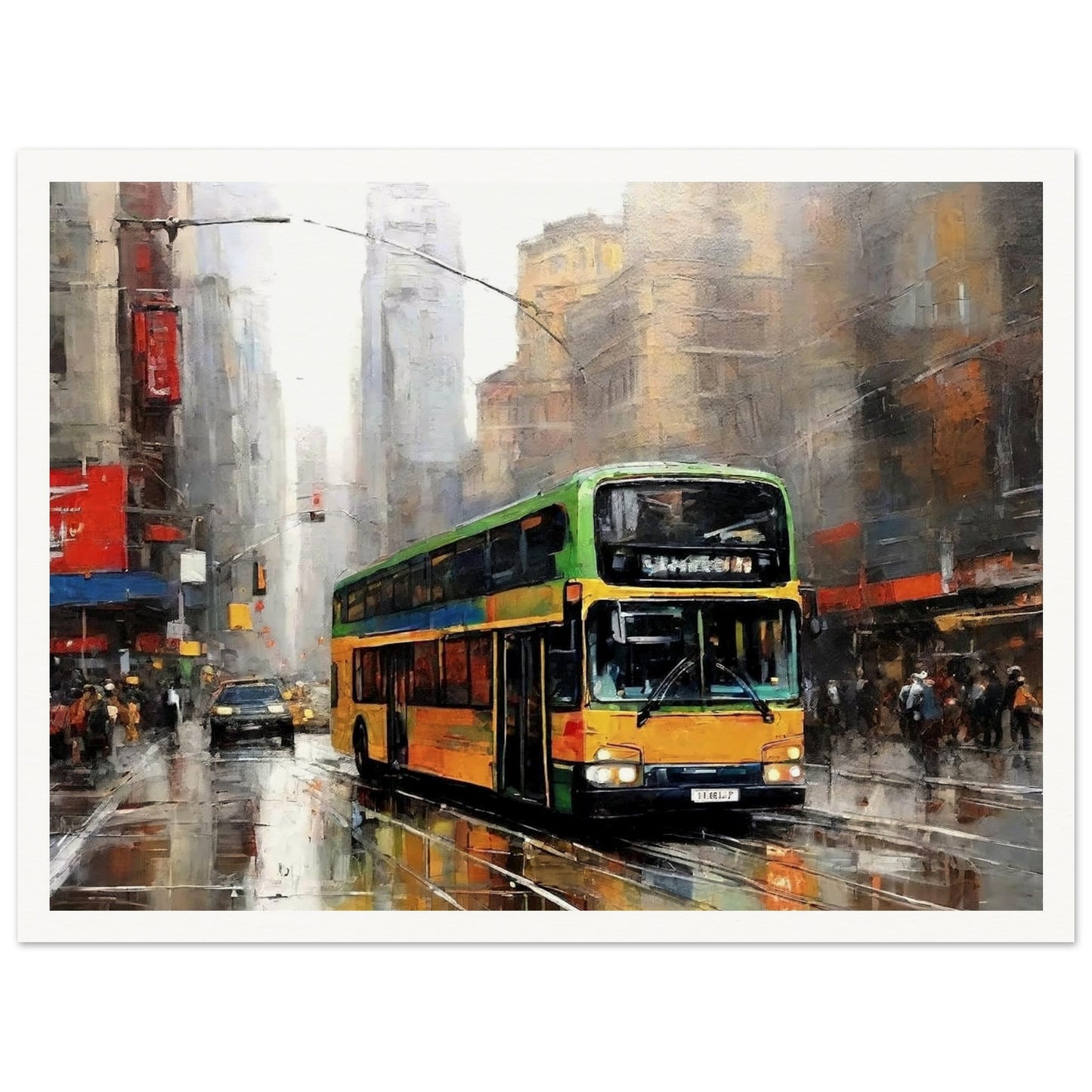 "A vibrant painting of a double-decker bus driving through a busy, rain-soaked city street, with tall buildings and reflections creating an atmospheric urban scene."