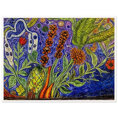 A vibrant botanical scene with lush green leaves, colorful flowers, and intricate patterns set against a deep purple background.