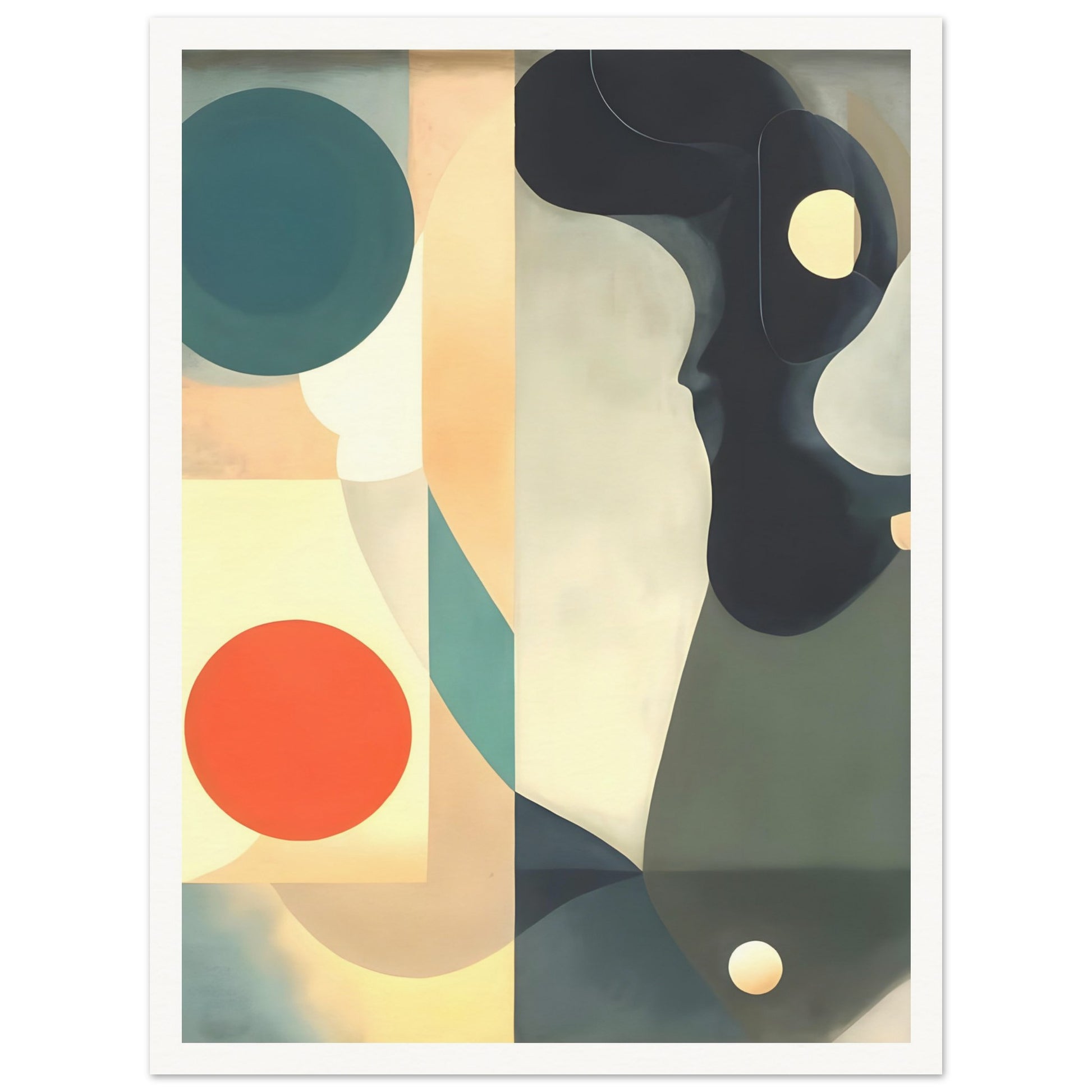 A serene composition featuring flowing shapes, bold circles, and muted tones of teal, orange, and cream, creating a modern abstract design.