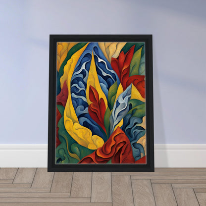 A dynamic, colorful painting featuring swirling organic shapes in red, blue, yellow, and green, evoking the movement of nature.