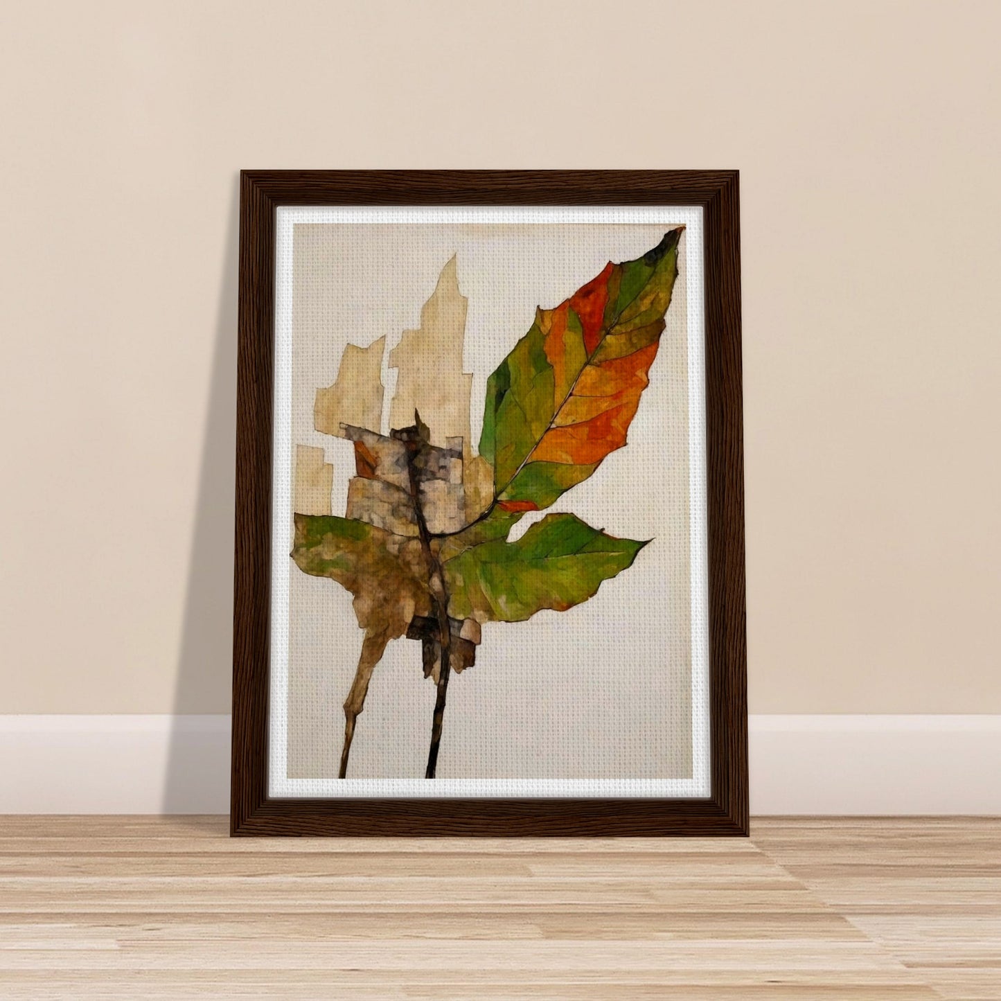 A detailed depiction of a leaf transitioning from green to brown and orange, showing the effects of aging and decay, set against a soft neutral background.