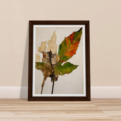 A detailed depiction of a leaf transitioning from green to brown and orange, showing the effects of aging and decay, set against a soft neutral background.