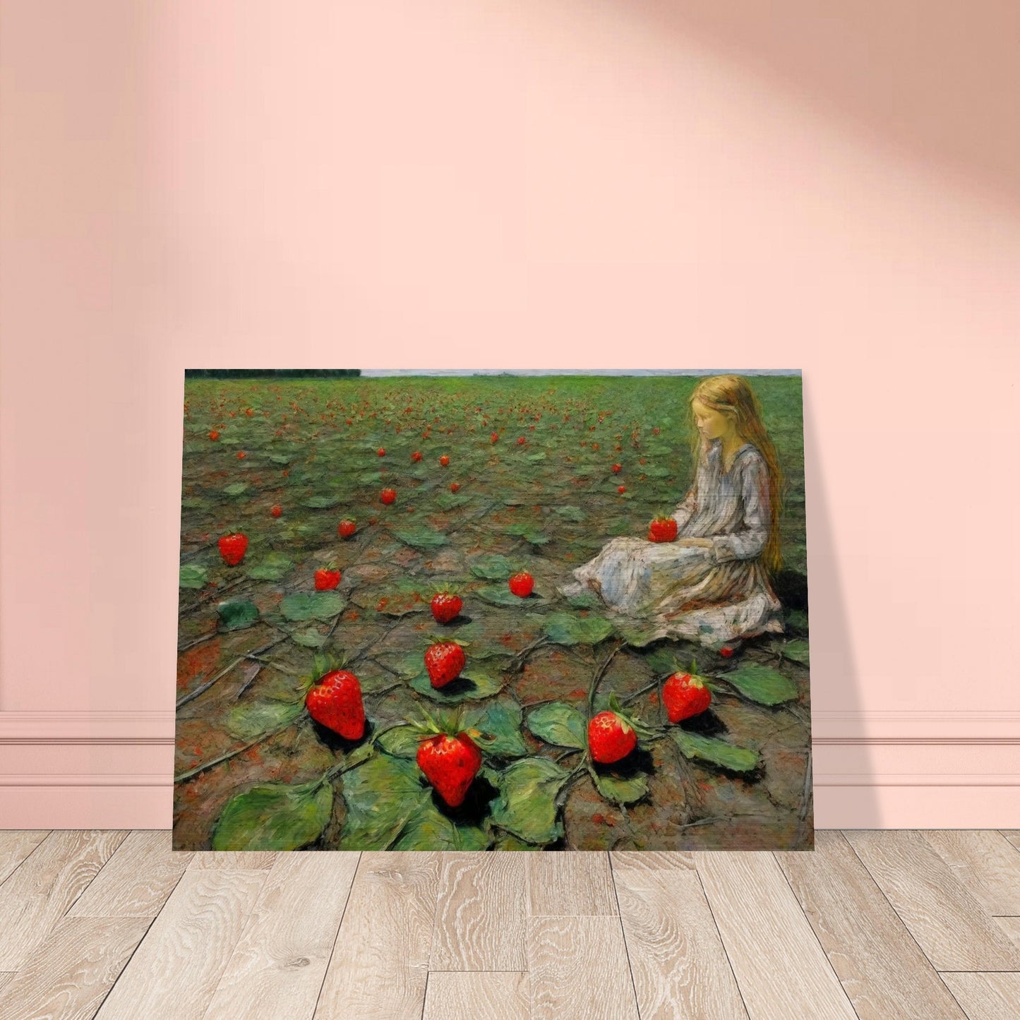 A painting of a young girl sitting in a field of large strawberries, creating a whimsical and surreal scene.