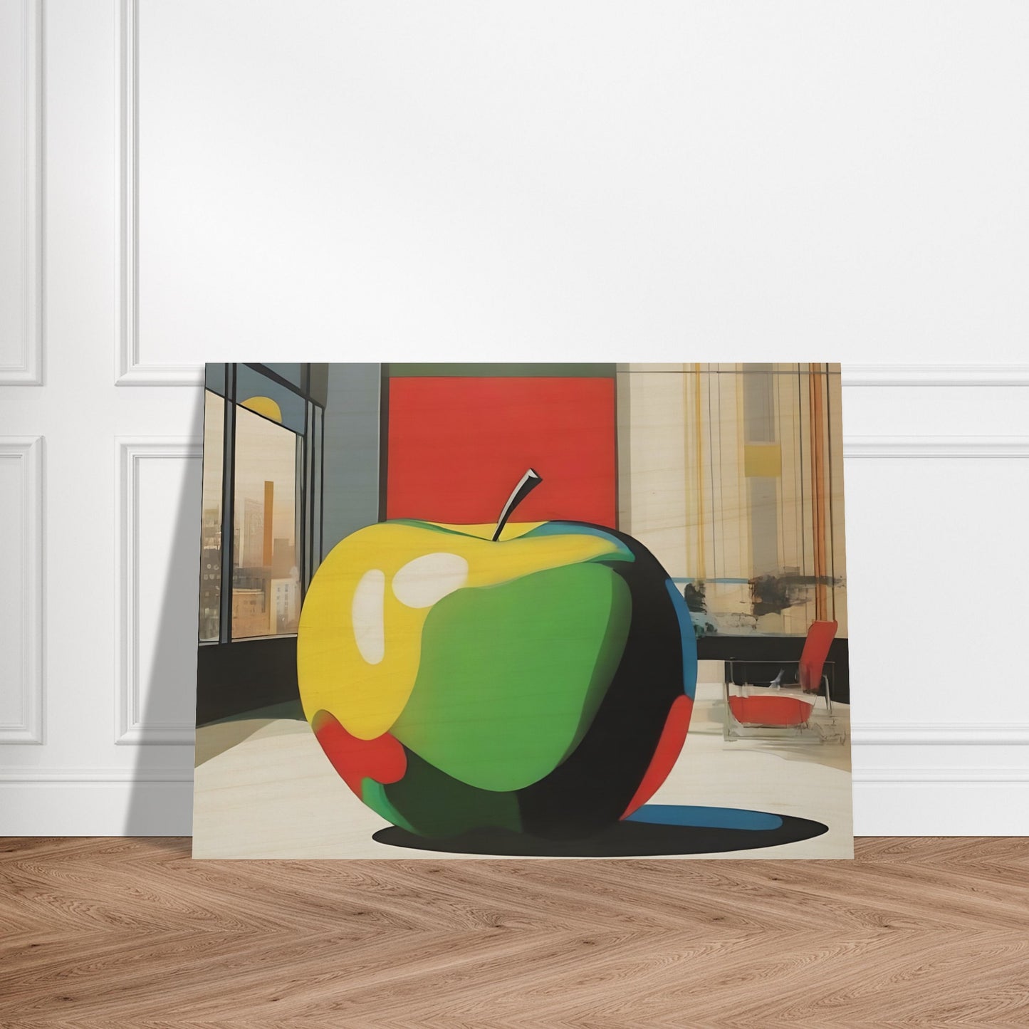 Modern artwork depicting a vibrant, oversized apple in a contemporary room with cityscape views and bold geometric shapes.