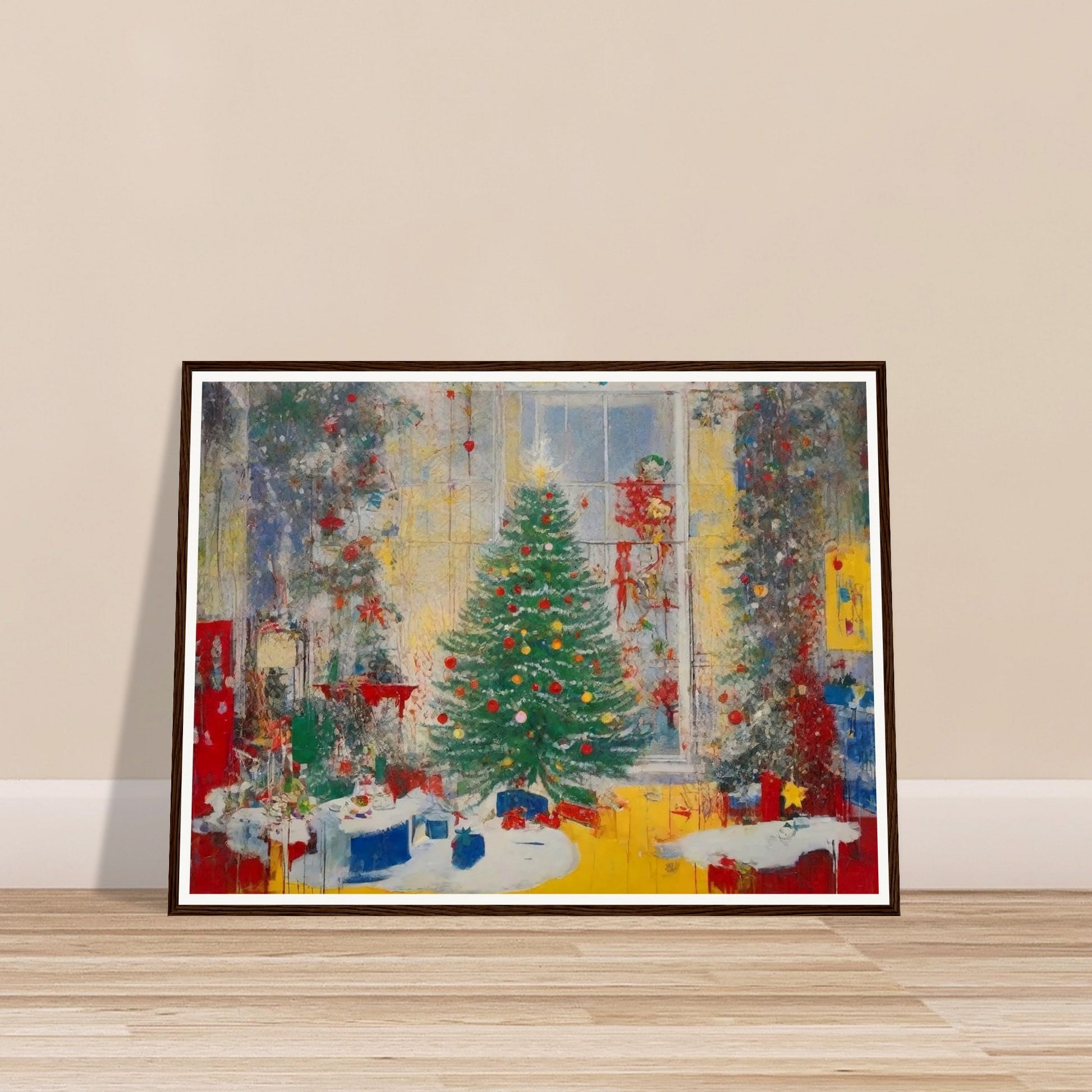 A vibrant painting of a festive living room with a beautifully decorated Christmas tree, glowing lights, and wrapped presents by a large window.

