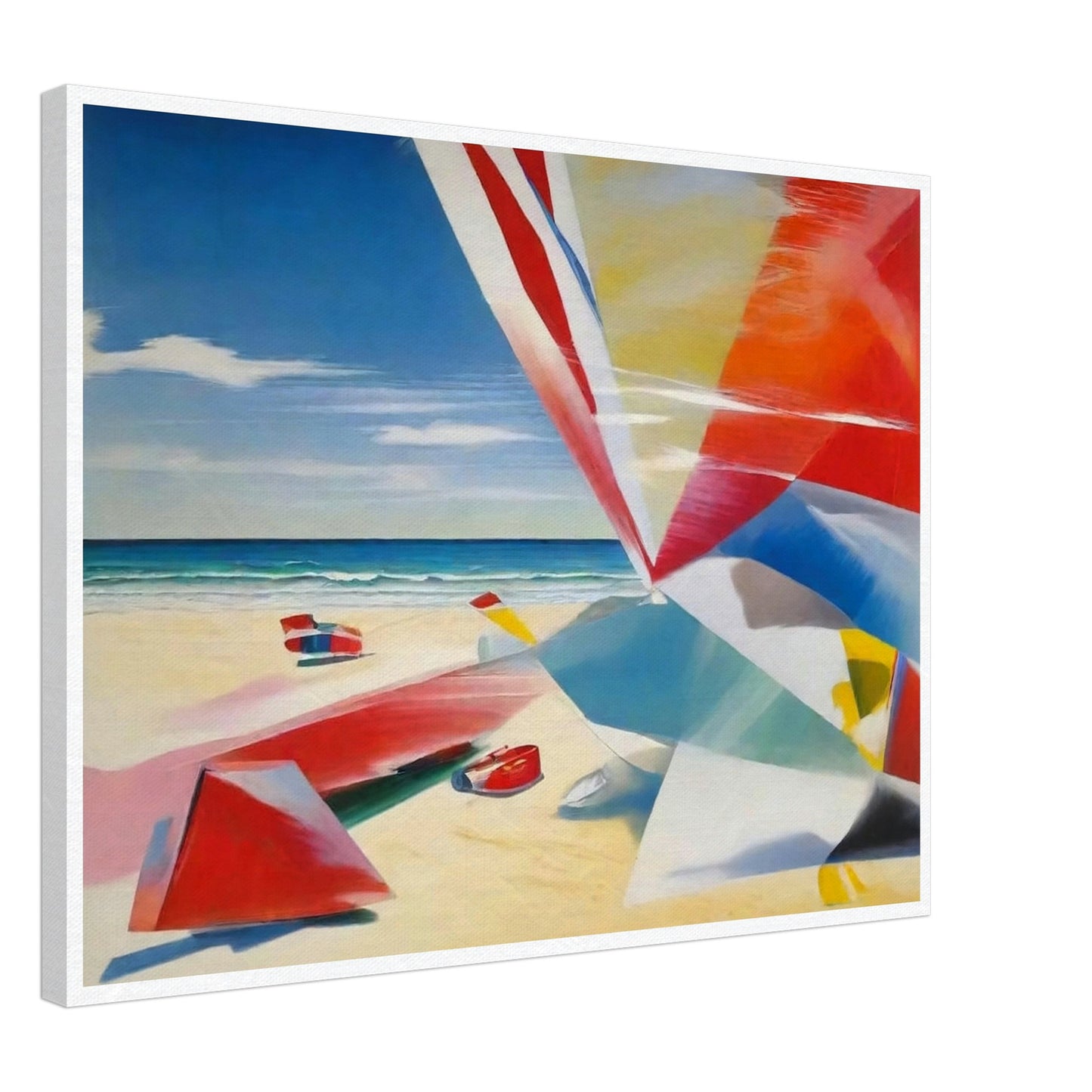 "A colorful beach scene with abstract geometric shapes in red, blue, and yellow on the sand, with a clear sky and calm ocean."