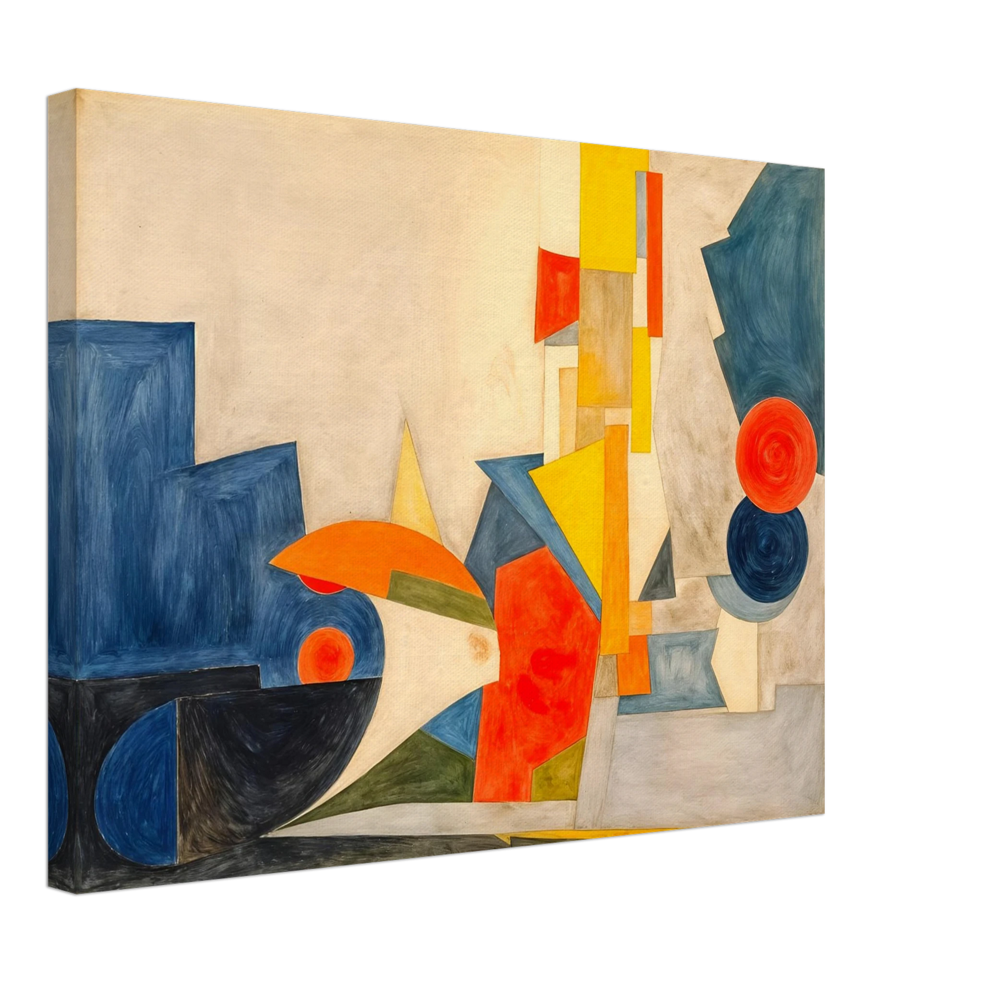 Dynamic geometric forms in blue, orange, and yellow intersect across a cream canvas, suggesting rhythm, motion, and light.