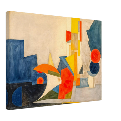 Dynamic geometric forms in blue, orange, and yellow intersect across a cream canvas, suggesting rhythm, motion, and light.