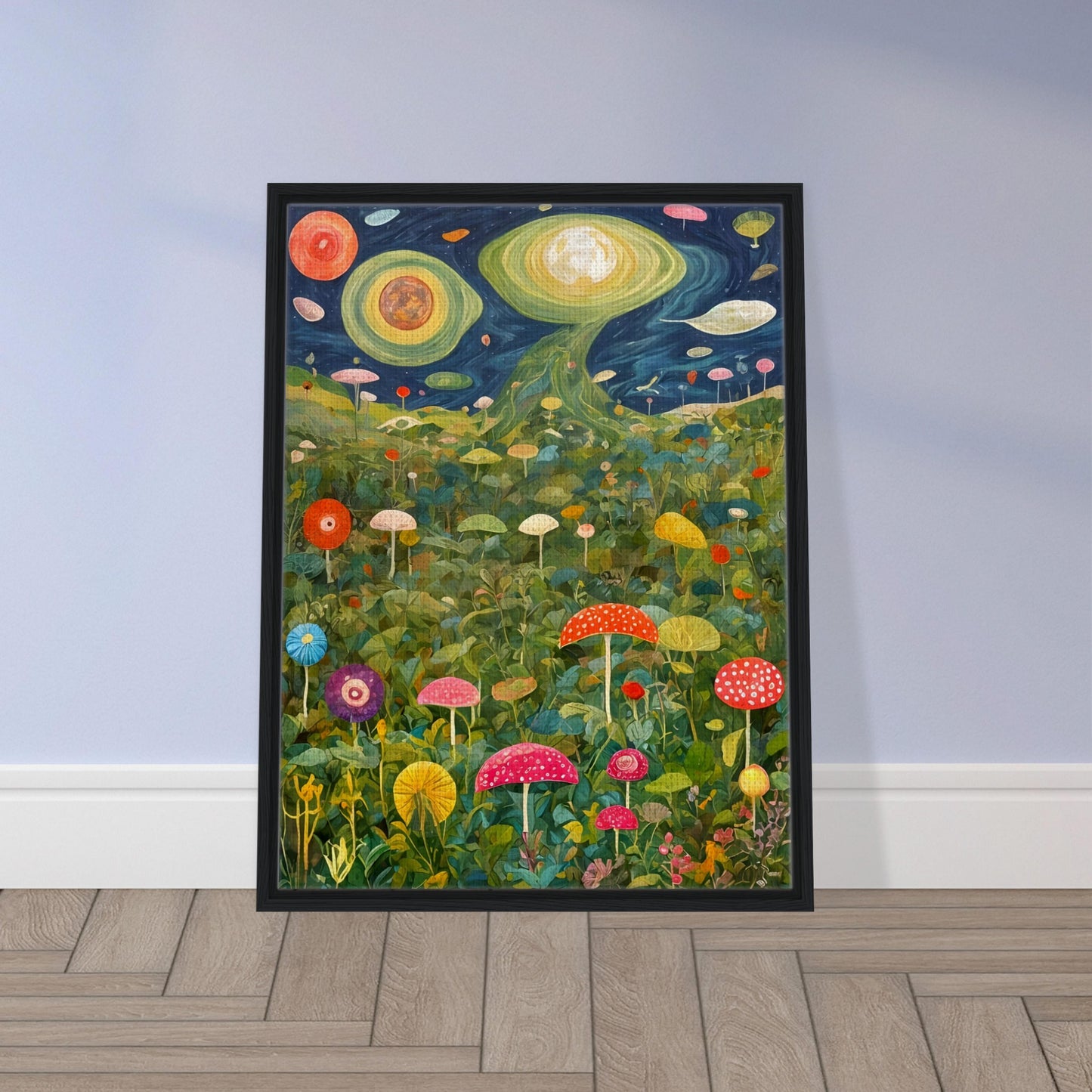 A surreal landscape of oversized mushrooms and lush greenery beneath a cosmic sky with swirling planets, glowing moons, and celestial formations.