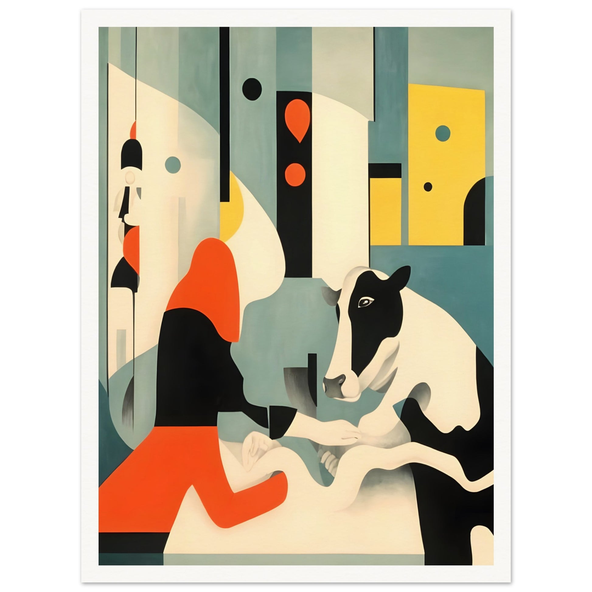 An abstract painting featuring a black-and-white cow interacting with a figure in a bold red and black outfit, set against a geometric background in shades of teal, yellow, and cream.
