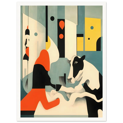 An abstract painting featuring a black-and-white cow interacting with a figure in a bold red and black outfit, set against a geometric background in shades of teal, yellow, and cream.