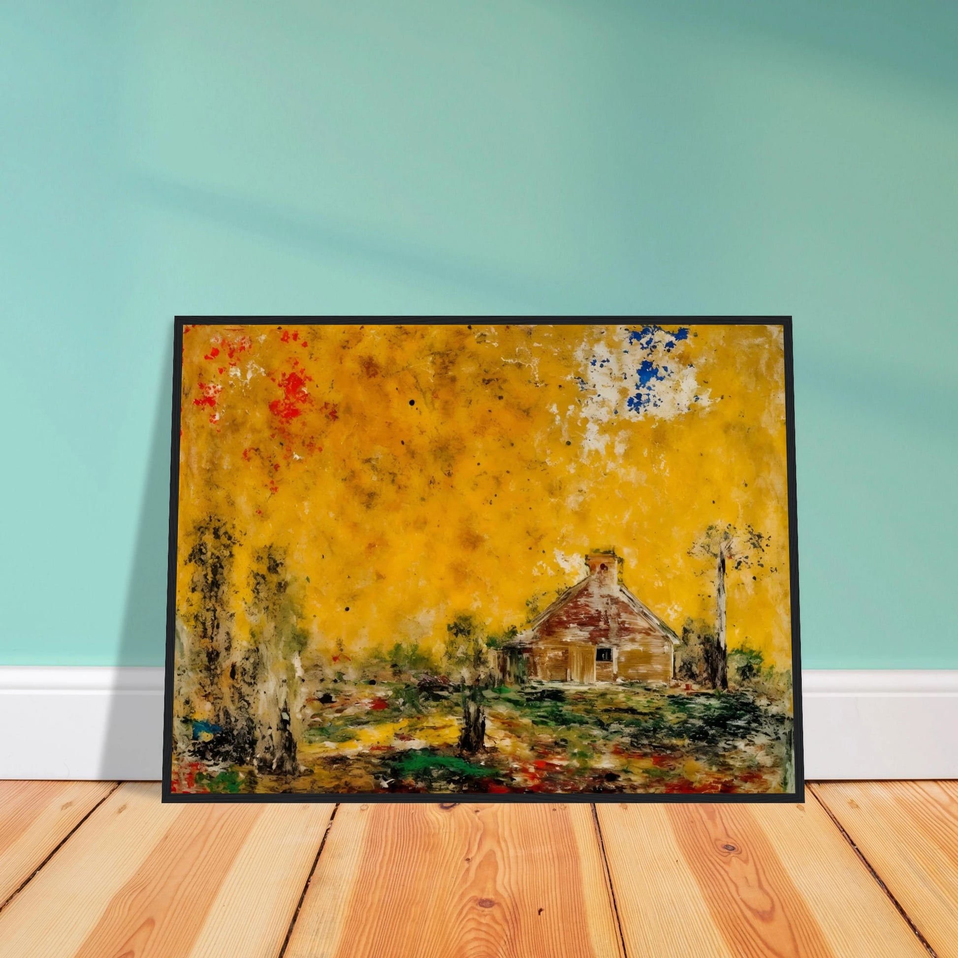 Rustic house rests beneath a golden sky with dark trees, green ground, and scattered red and blue marks.