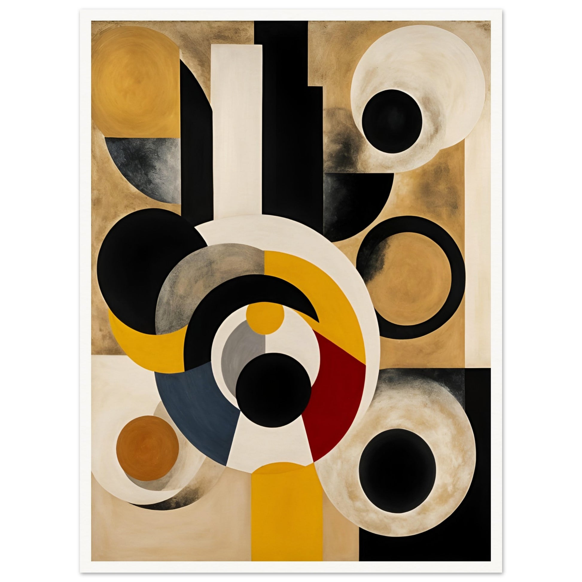 A striking geometric painting featuring bold circular and rectangular shapes in black, gold, white, and red, evoking celestial motion.